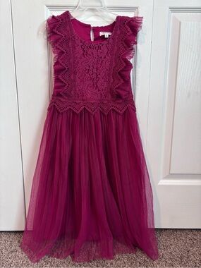 Nannette Girls' Fuchsia Lace & Tulle Ruffle Dress